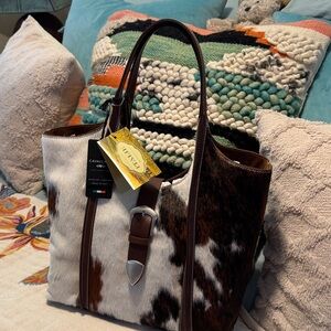 Cavalli Class Brown and White Leather fur hide Tote